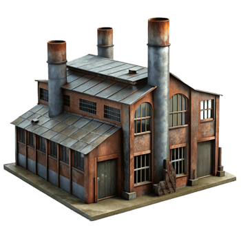 vibrant rustic Abandoned industrial factory, rusting metal and broken windows, dim overcast lighting, gritty realism style premium png
