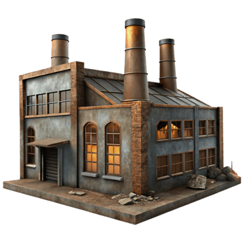 dazzling remarkable Abandoned industrial factory, rusting metal and broken windows, dim overcast lighting, gritty realism style png