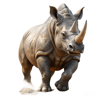 impressive calm victorian A powerful rhinoceros charging through the bush, dramatic dust and light, depicted in a dynamic, realistic style genuine png