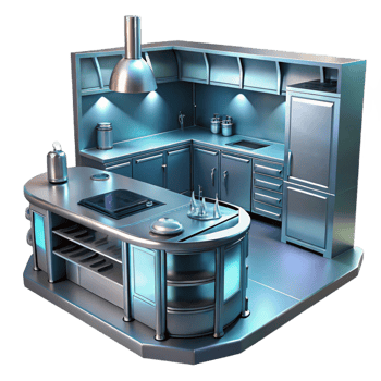 coveted baroque A futuristic kitchen, sleek design, metallic texture, studio lighting, concept art, artisan png