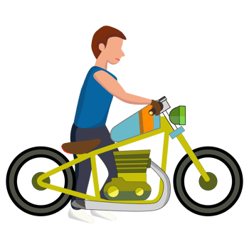 Illustration of a man pushing a motorcycle on the street. Hand drawn style png