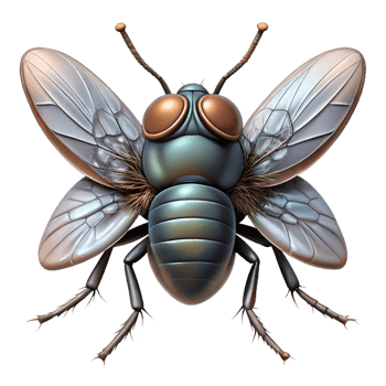 exquisite signature Housefly, compouneyes, translucent wings, detailebody hairs, studio lighting, front view, photorealistic, isolateon transparent background,high-resolution product photography png