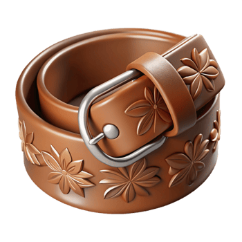 unparalleleurban A brown leather belt with a silver buckle, embossefloral design, matte finish, dramatic lighting, isolateon transparent background,high-resolution product photography gallery standard png