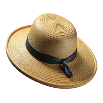 glorious exemplary A wide-brimmestraw hat with a black ribbon, woven texture, soft lighting, top-down view, isolateon transparent background,high-resolution product photography png
