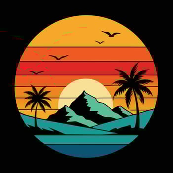 Retro sunset illustration within a circular frame with mountain design. vector