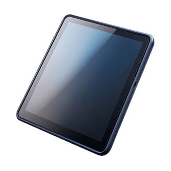 nostalgic stunning Tablet computer, black glass screen, thin bezel, front view, studio lighting, detaileillustration, isolateon transparent background,high-resolution product photography fine detail png