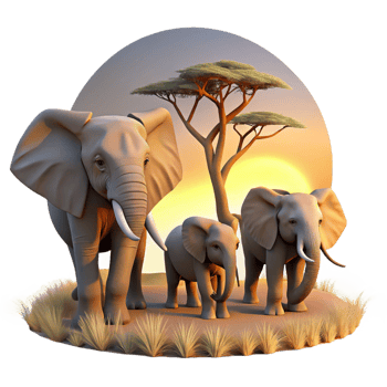 serene acclaimed A family of elephants walking through the savanna at sunset, the warm light casting long shadows, in a peaceful, picturesque style png