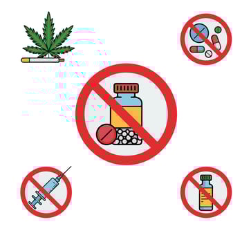 A set of four different icons that show marijuana, pills, and other drugs vector