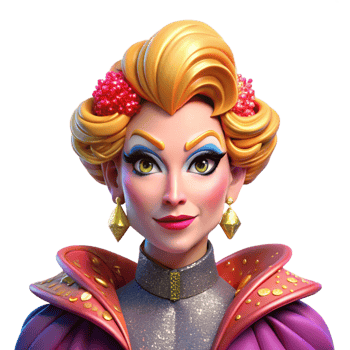 mesmerizing reflective impressionist Portrait of a flamboyant drag queen with extravagant makeup and a glamorous outfit, lit by bright stage lights, in a pop art style gallery standard png