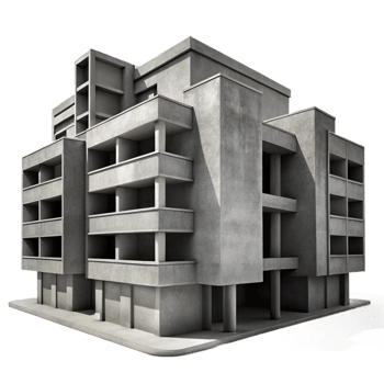 glorious victorian A Brutalist concrete apartment complex, harsh shadows, grayscale, industrial aesthetic, low angle, fine detail png