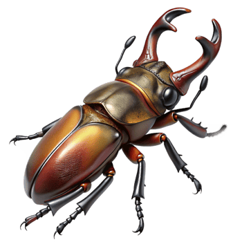 dazzling industrial Stag beetle with large mandibles, textureexoskeleton, detailelegs, dramatic lighting, side view, with transparent background,high-resolution product photography precision png