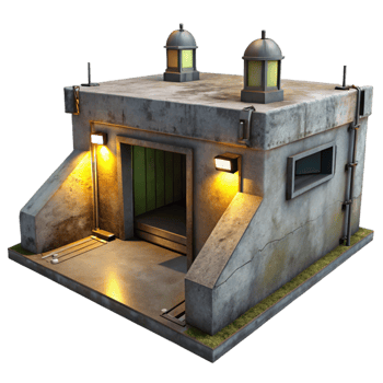 majestic whimsical coastal An underground bunker, concrete walls, dim artificial light, post apocalyptic style, handcrafted png