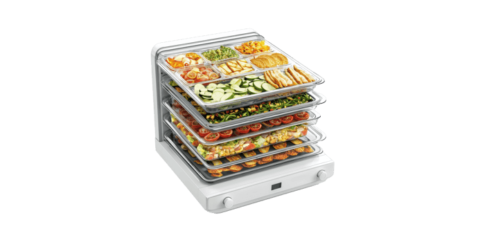 Food Dehydrator With Multiple Trays Of Fresh Vegetables And Snacks. Healthy Food Preservation Isolated On Transparent Background png