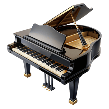 glorious quintessential Granpiano, highly polisheblack lacquer finish, liopen, keys visible, dramatic lighting, isolateon transparent background,high-resolution product photography png