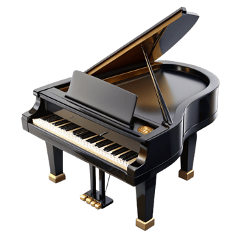radiant art deco Granpiano, highly polisheblack lacquer finish, liopen, keys visible, dramatic lighting, isolateon transparent background,high-resolution product photography impeccable png
