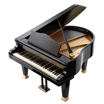 timeless minimalist Granpiano, highly polisheblack lacquer finish, liopen, keys visible, dramatic lighting, isolateon transparent background,high-resolution product photography detailed png