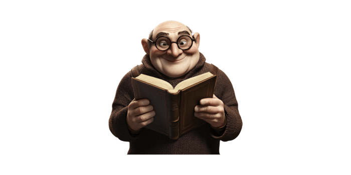 Elderly Cartoon Monk Reading A Book. Wisdom And Knowledge In Character Design Isolated On Transparent Background png