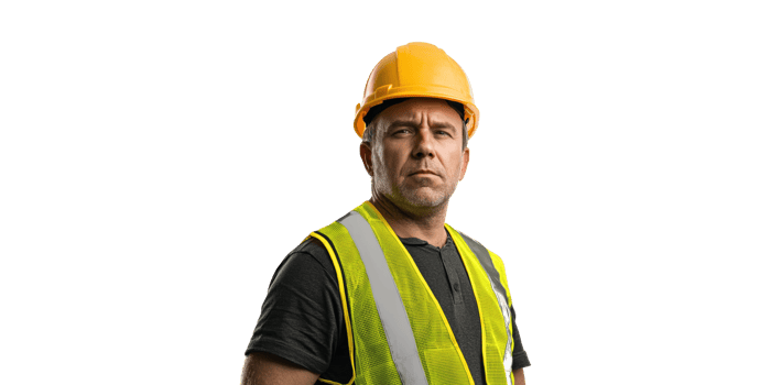 Construction Worker In Safety Gear. Professional In Hard Hat And Reflective Vest Isolated On Transparent Background png