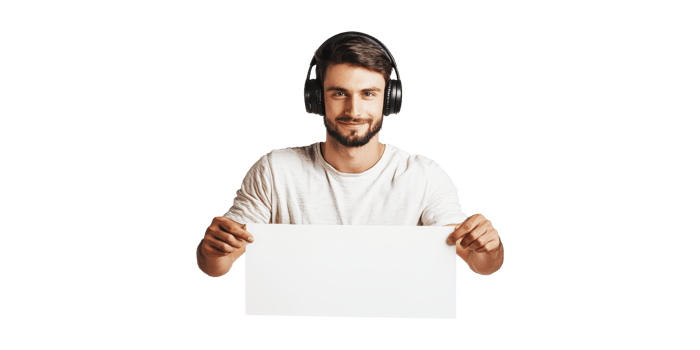 Man Wearing Headphones Holding Blank Sign. Music Enthusiast Promoting Message Isolated On Transparent Background png