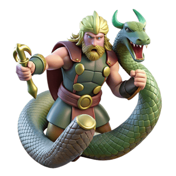 sumptuous bold tropical Thor battling Jrmungandr, the Midgard Serpent, stormy ocean setting, dynamic lighting, Norse mythology art style perfect clarity png