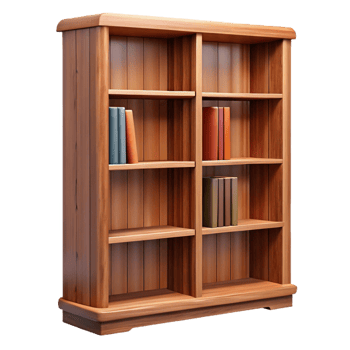 iconic nordic Wooden bookshelf, walnut finish, multiple shelves, adjustable shelves, studio lighting, front view, isolateon transparent background,high-resolution product photography refined png