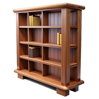 notable vintage Wooden bookshelf, walnut finish, multiple shelves, adjustable shelves, studio lighting, front view, isolateon transparent background,high-resolution product photography museum quality png