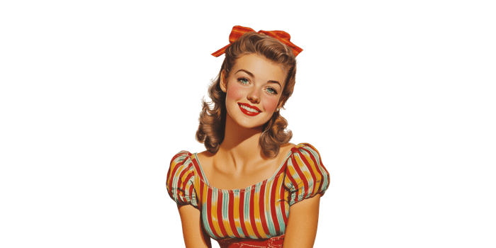 Retro Pin-Up Style Woman With Striped Dress And Red Bow. Vintage Fashion And Nostalgia Isolated On Transparent Background png