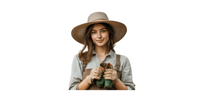 Young Female Gardener Holding Gloves. Gardening And Outdoor Work Isolated On Transparent Background png