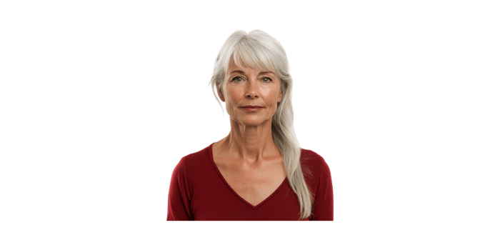 Elderly Woman With Long Gray Hair In Red Top. Portrait Of Aging And Graceful Beauty Isolated On Transparent Background png