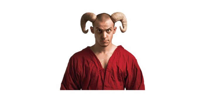 Man With Ram Horns In Red Robe. Symbolism Of Strength And Mythology Isolated On Transparent Background png
