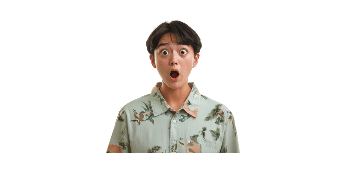 Surprised Young Person In Tropical Shirt. Expressive Reaction And Emotion Isolated On Transparent Background png