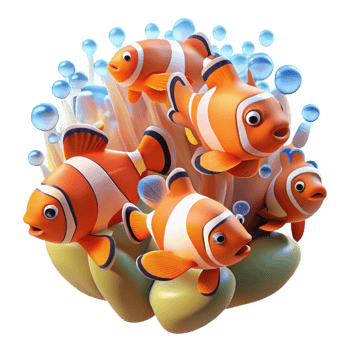 picturesque notable A school of vibrant clownfish swimming amongst a coral reef, illuminated by underwater sunlight, rendered in a vibrant, graphic style png