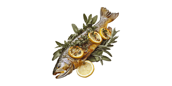 Whole Baked Fish With Lemon And Herbs. Culinary Presentation And Gourmet Cooking Concept Isolated On Transparent Background png