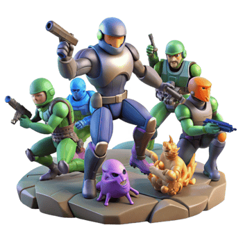 striking abstract A group of futuristic soldiers fighting alien creatures, dynamic action, comic book style high quality png
