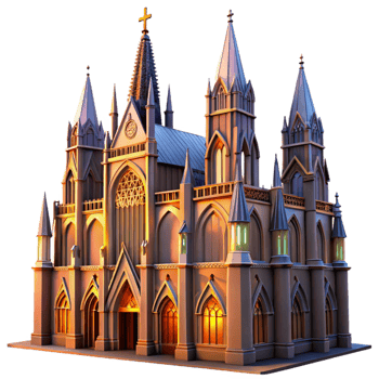 immaculate whimsical artistic A towering Gothic cathedral with intricate stained glass windows, dramatic sunset lighting, digital painting style sharp png