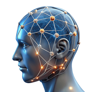 tranquil fascinating A transparent human head with glowing neural networks visible inside, intricate connections and pathways, dark background, scientific illustration style professional png