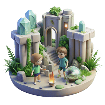 memorable classic A group of children playing in the ruins of a futuristic city, overgrown with vegetation, soft, nostalgic lighting, painted in a whimsical style high resolution png