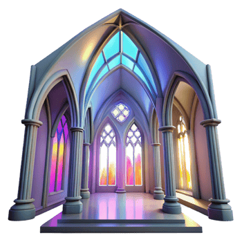 glorious geometric Gothic cathedral interior, stained glass windows casting colorful light, ethereal atmosphere, Greg Rutkowski, 4K png