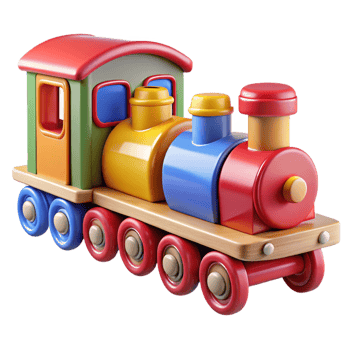 immaculate coastal Children's wooden train, brightly painted, connectecarriages, studio lighting, side view, isolateon transparent background,high-resolution product photography luxury png