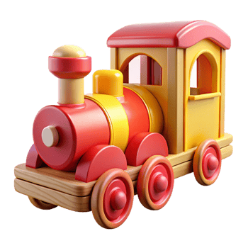 radiant unforgettable Children's wooden train, brightly painted, connectecarriages, studio lighting, side view, isolateon transparent background,high-resolution product photography png