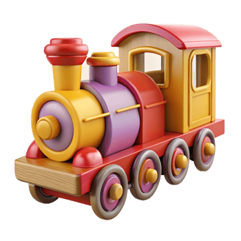 impressive exceptional Children's wooden train, brightly painted, connectecarriages, studio lighting, side view, isolateon transparent background,high-resolution product photography png