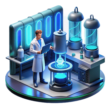 spectacular renaissance A lone scientist working in a futuristic laboratory, surrounded by glowing screens and complex equipment. Cool, blue lighting. Cyberpunk style handcrafted png