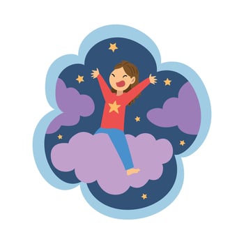 Kid Dreams, Sweet Dream Cloud with Girl Riding Cloud in Starry Sky, Childhood Fantasy Illustration vector