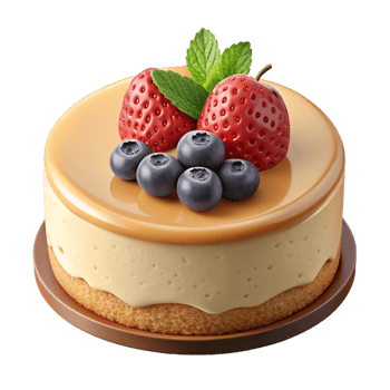 ethereal captivating Cheesecake, creamy filling, graham cracker crust, toppewith fresh berries, front view, soft lighting, isolateon transparent backgrounhandcrafted png