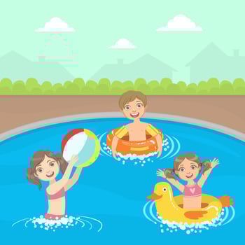 Happy Little Boys and Girls Swimming and Playing Ball in a Pool illustration vector