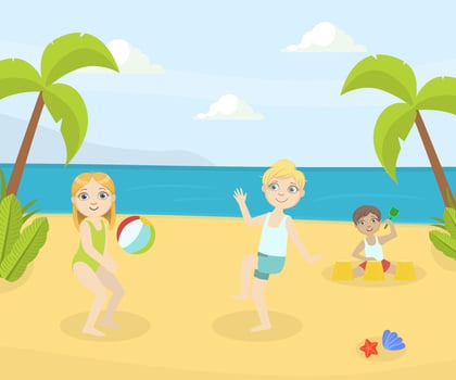 Boy and Girl Playing Ball and Having Fun on the Beach at Summertime Illustration illustratio vector