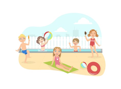 Happy Boys and Girls Swimming amd Having Fun on the Beach at Summertime Illustration vector