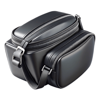 striking iconic A black leather belt bag with silver zippers, dramatic lighting, front view, matte finish, photorealistic, isolateon transparent background,high-resolution product photography png