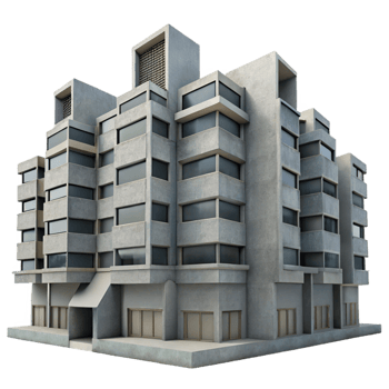 reflective fascinating A Brutalist concrete apartment complex, overcast sky, muted color palette, stark geometric forms, repetitive patterns, gritty urban realism gallery standard png