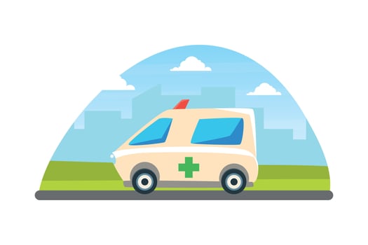 Ambulance Car, Emergency Medical Service Vehicle on City Landscape Background Illustration vector